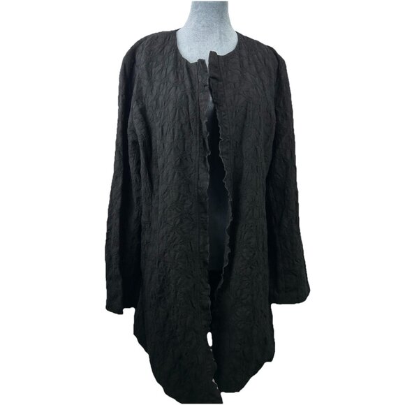 Eileen Fisher Womens Jacket Large Crinkle 100% Wool Black Cardigan long langenlo - Picture 2 of 16